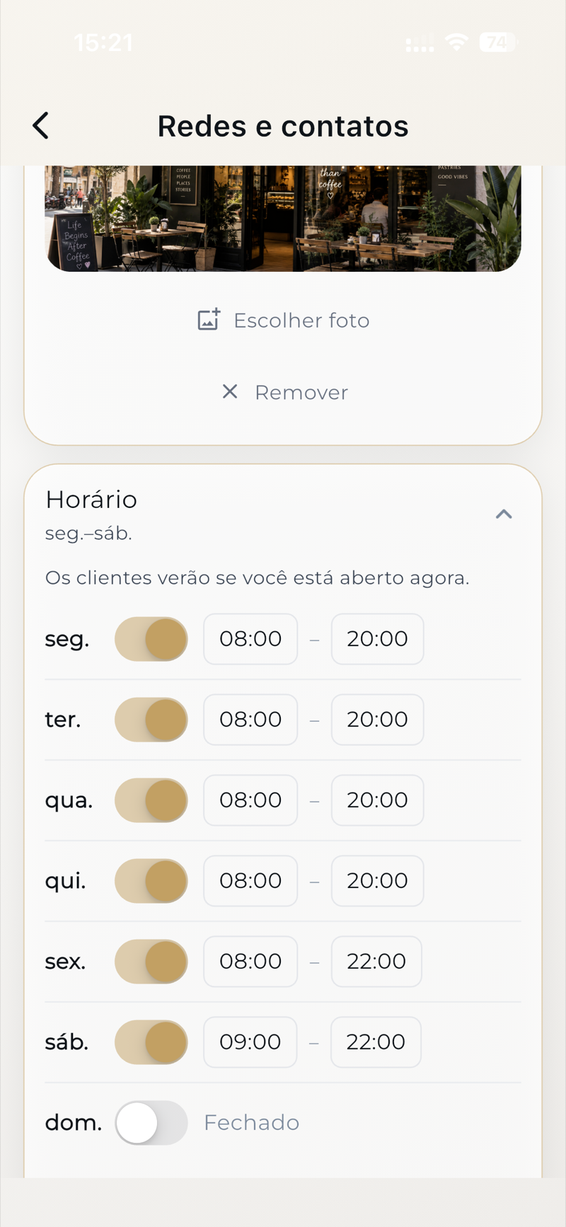 Horário e contatos